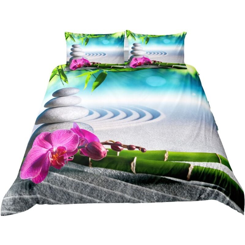 Parure de lit 220x240cm 2 personnes style de zen 3D effet 3 pieces 1 housse de couette avec 2 taies d'oreiller 63x63cm