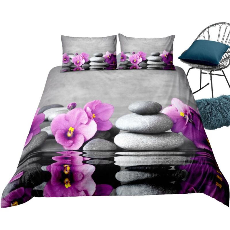 Parure de lit 220x240cm 2 personnes Ylang fleur 3D effet 3 pieces 1 housse de couette avec 2 taies d'oreillers 63x63cm