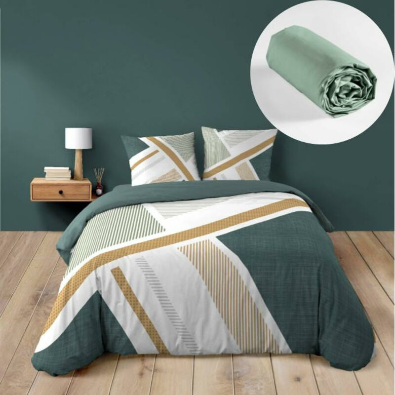 Parure de lit 240 X 220 ZÉPHYR + Drap-housse Sauge 140X190 – 100% coton Parure de lit 240 X 220 ZÉPHYR + Drap-housse Sauge 140X190 – 100% coton