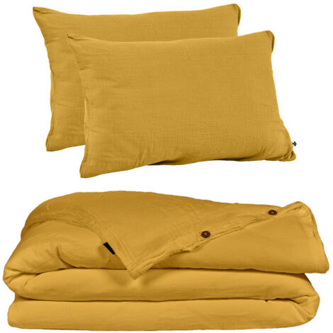 Parure de lit 240 x 260 cm en double gaze de coton jaune - PEPA 2