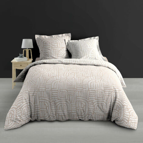 Parure de lit 240x220 cm + 2 taies – Percale 78 fils – ELIOT – Motif beige sur fond blanc