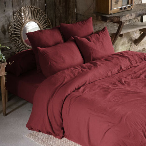 Parure de lit 240x220 double gaze de coton bordeaux Terre de Nuit