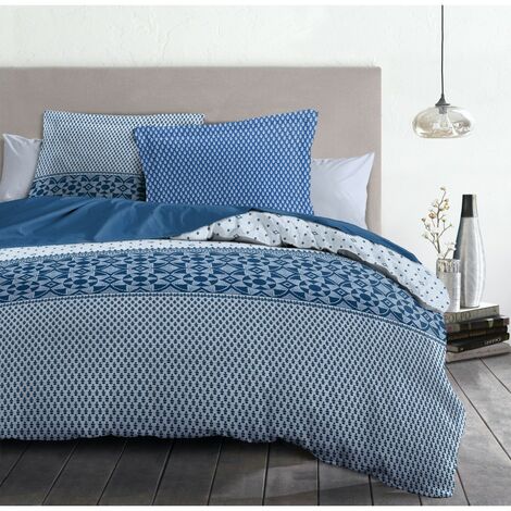 Parure de lit 240x260 cm 100% coton 57 fils bleu – Housse de couette et 2 taies d'oreiller – Finitions boutons dissimulés – Home Linge Passion