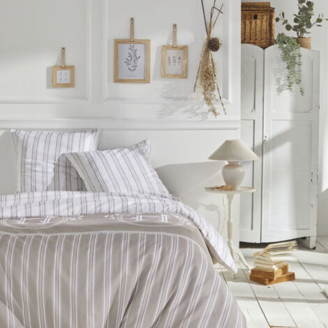 Parure de lit 240x260 cm en coton 57 fils – Motif classique blanc gris – Housse de couette et 2 taies d'oreiller incluses – Today