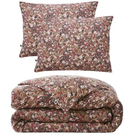 Parure de lit 260 x 240 cm gaze de coton camel et fleuri - ISABELA 1
