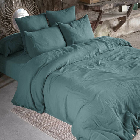 Parure de lit 260x240 double gaze de coton bleu canard Terre de Nuit