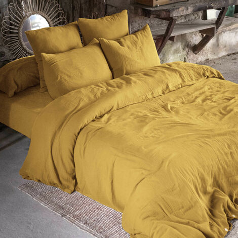 Parure de lit 260x240 double gaze de coton jaune safran Terre de Nuit