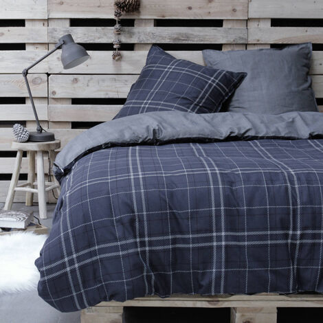 Parure de lit 3 pièces 240x220 cm coton imprimé tartan gris et bleu