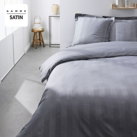 Parure de lit 3 pièces 240x220 cm percale satin uni rayé gris