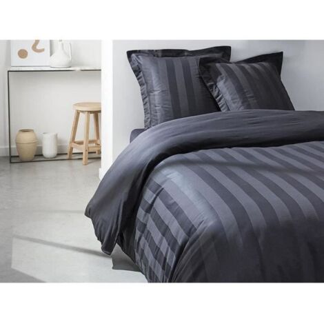 Parure de lit 3 pièces 260x240 cm percale satin uni rayé noir
