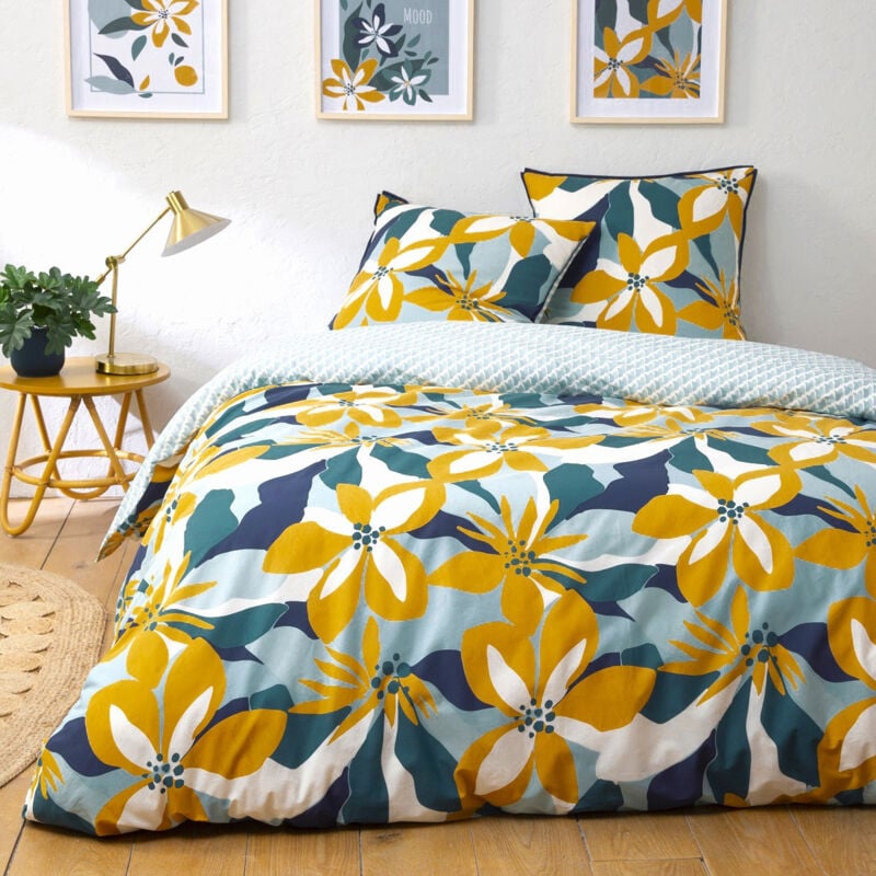 Parure de lit 3 pièces Adulte 2 personnes à rabat en percale 70 fils imprimé bleu Set de Housse de couette 240x220cm +2 Taies d'oreiller 63x63 cm