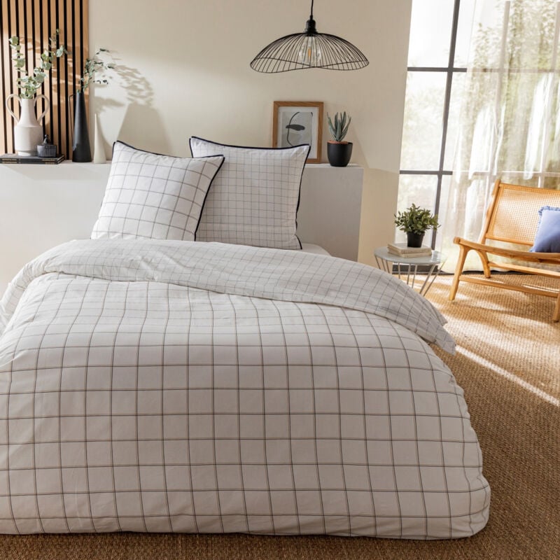 Parure de lit 3 pièces Adulte 2 personnes à carreaux en coton Set de Housse de couette 240x220cm +2 Taies d'oreiller 63x63 cm avec Fermeture Boutons