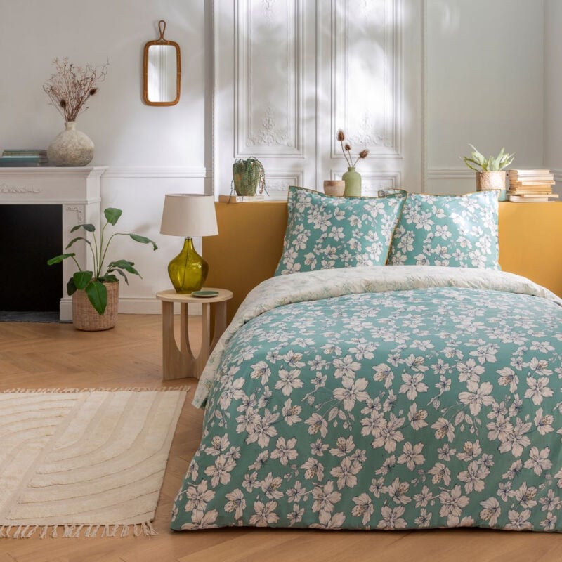 Parure de lit 3 pièces Adulte 2 personnes fleurie réversible Set de Housse de couette 260x240cm +2 Taies d'oreiller 63x63 cm avec Fermeture Boutons