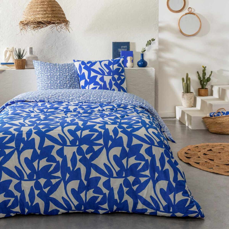 Future Home - Parure de lit 3 pièces Adulte 2 personnes en coton 57 fils imprimé bleu Set de Housse de couette 260x240cm +2 Taies d'oreiller 63x63 cm