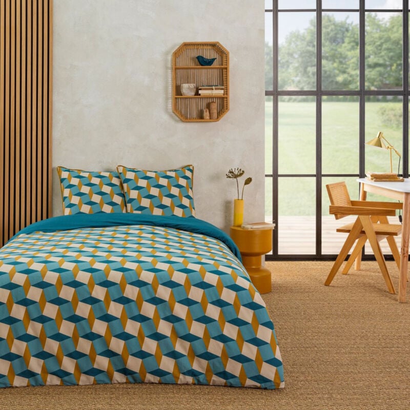 Parure de lit 3 pièces Adulte 2 personnes géométrique losanges Set de Housse de couette 240x220cm +2 Taies d'oreiller 63x63 cm avec Fermeture Boutons