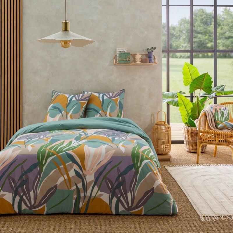 Parure de lit 3 pièces Adulte 2 personnes végétal réversible unie Set de Housse de couette 260x240cm +2 Taies d'oreiller 63x63 cm avec Fermeture