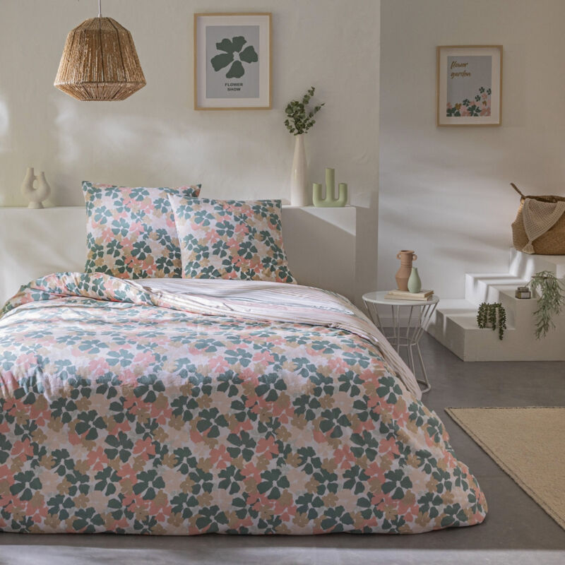 Future Home - Parure de lit 3 pièces Adulte 2 personnes fleurie réversible rayures Set de Housse de couette 260x240cm +2 Taies d'oreiller 63x63 cm