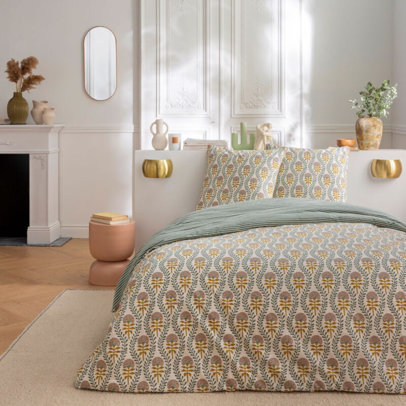 Parure de lit 3 pièces Adulte 2 personnes floral charme rayé Set de Housse de couette 240x220cm +2 Taies d'oreiller 63x63 cm avec Fermeture Boutons