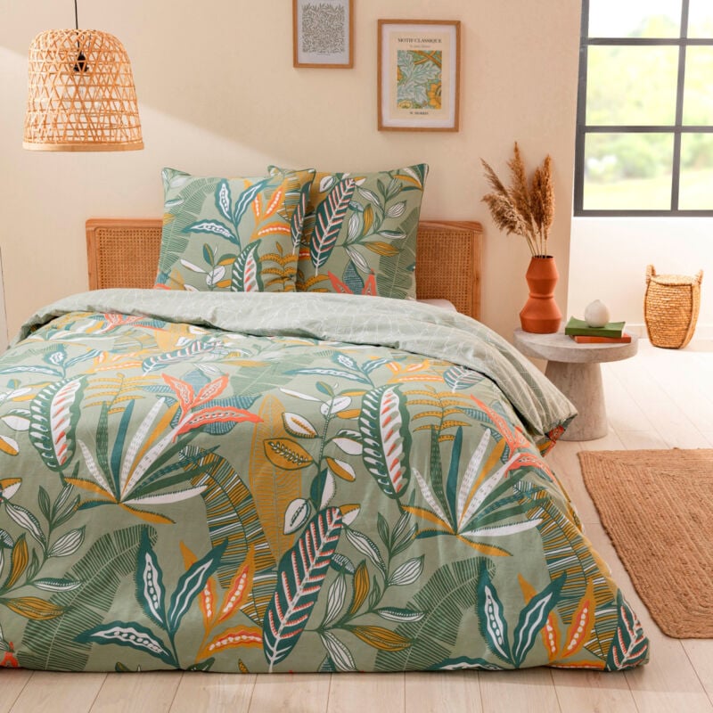 Future Home - Parure de lit 3 pièces Adulte 2 personnes en coton 57 fils imprimé vert Set de Housse de couette 240x220cm +2 Taies d'oreiller 63x63 cm