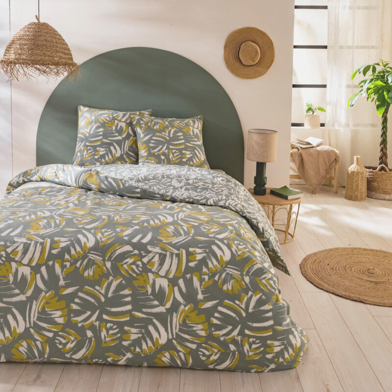 Parure de lit 3 pièces Adulte 2 personnes végétal réversible Set de Housse de couette 240x220cm +2 Taies d'oreiller 63x63 cm avec Fermeture Boutons