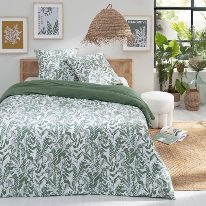 Parure de lit 3 pièces Adulte 2 personnes en coton 57 fils imprimé vert Set de Housse de couette 260x240cm +2 Taies d'oreiller 63x63 cm avec