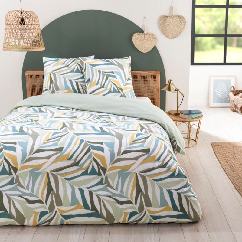 Future Home - Parure de lit 3 pièces Adulte 2 personnes végétal réversible unie Set de Housse de couette 240x220cm +2 Taies d'oreiller 63x63 cm avec