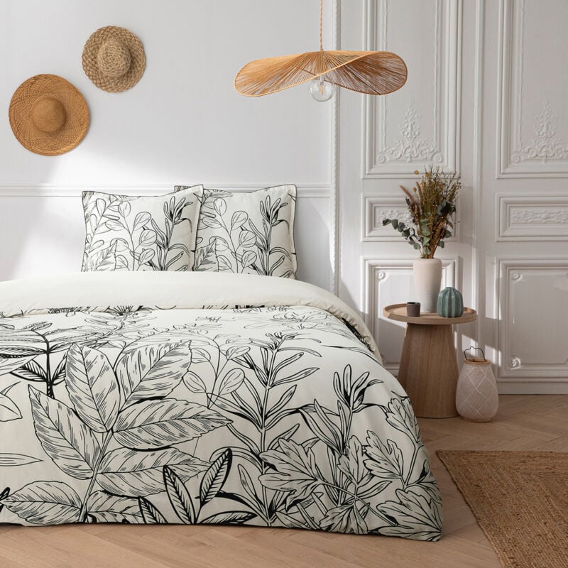 Future Home - Parure de lit 3 pièces Adulte 2 personnes en satin de coton imprimé végétal Set de Housse de couette 260x240cm +2 Taies d'oreiller