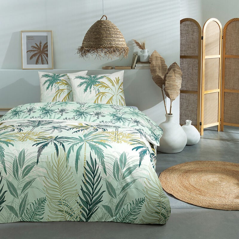 Parure de lit 3 pièces Adulte 2 personnes feuillage réversible Set de Housse de couette 240x220cm +2 Taies d'oreiller 63x63 cm avec Fermeture Boutons