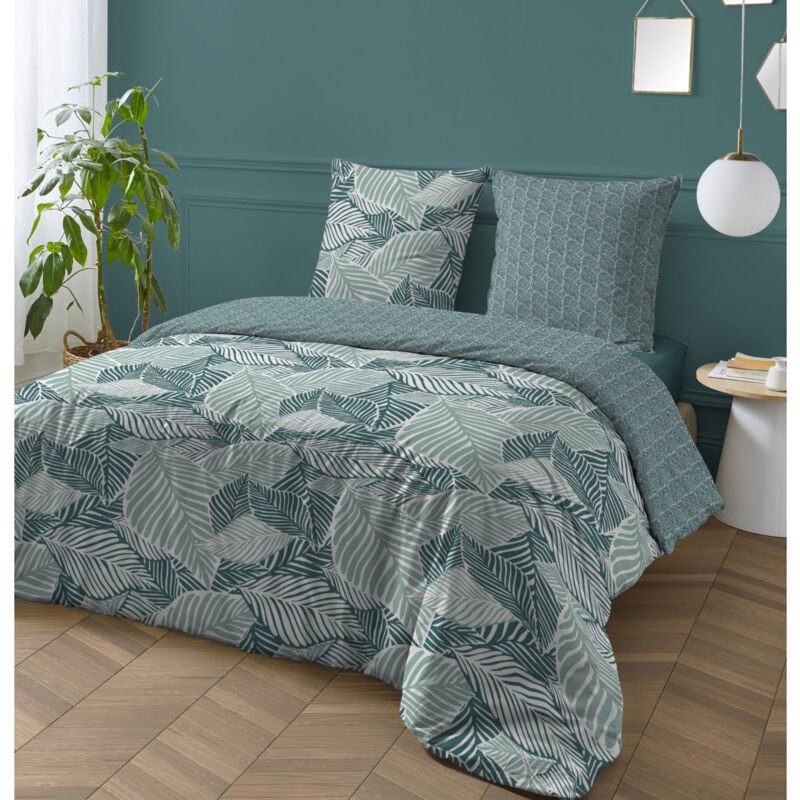 Parure de lit 3 pièces Adulte 2 personnes imprimé feuillage réversible Set de Housse de couette 240x220cm +2 Taies d'oreiller 63x63 cm avec Fermeture