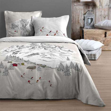Parure de lit 3 pièces ambiance montagne en coton Ecru 240x220 cm