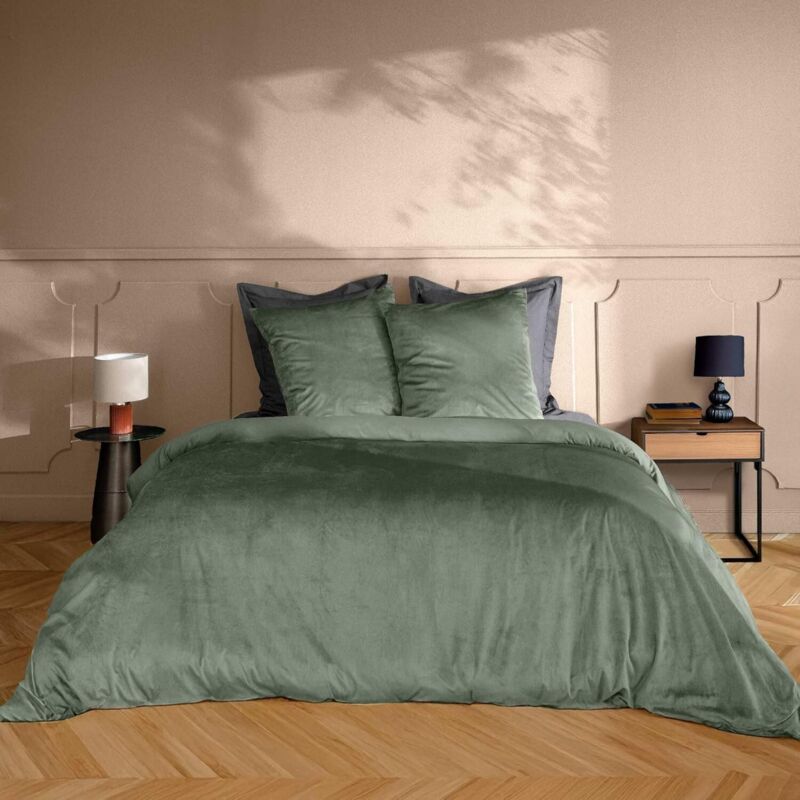 Parure de Lit 3 Pièces en Velours Uni – Housse de Couette Douce+ 2 Taies d’Oreiller – Linge de Lit – Certifiée Oeko-TEX - 240x220cm - Vert