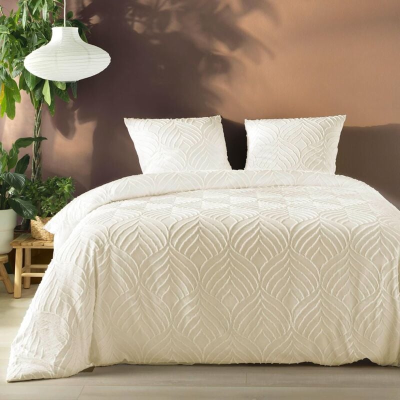 Parure de Lit 3 Pièces Heltie - Microfibre Tuftée Douce et Respirante - 260x240cm - Ecru.