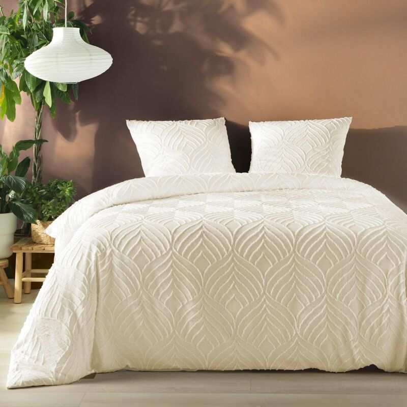 Promo Linge - Parure de Lit 3 Pièces Heltie - Microfibre Tuftée Douce et Respirante - 240x220cm - Ecru