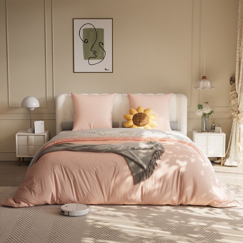 Parure de lit 4 pièces 160x200cm, 1x housse de couette, 1x drap housse, 2x taies d'oreiller, - parure de lit en tissu - Rose