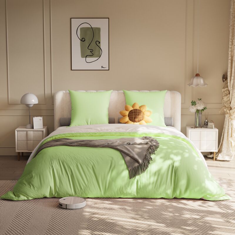 Parure de lit 4 pièces 140x200cm, 1x housse de couette, 1x drap housse, 2x taies d'oreiller, - parure de lit en tissu - Vert + Blanc