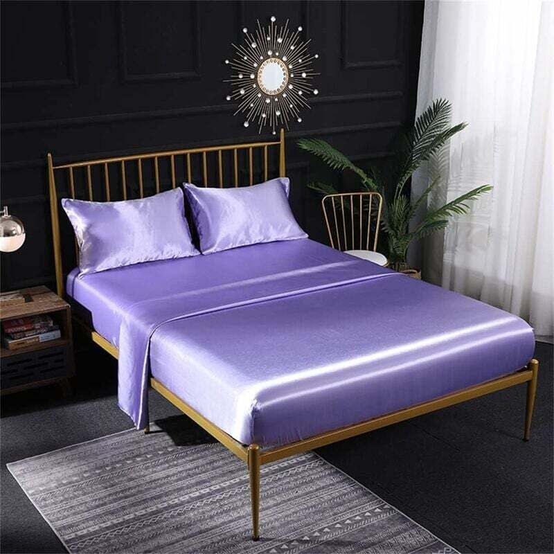 Parure de lit 4 pièces en satin de soie avec drap-housse, drap plat, taie d'oreiller, respirante, douce et confortable Mauve (Full)