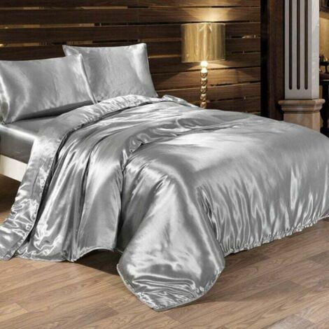 Parure de lit 4 pièces : housse de couette en satin de soie douce 220 x 240 cm, drap housse et taie d'oreiller(Argent)