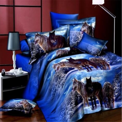 Parure de lit 4 sets de housse de couette 200x230cm 2 personnes 3D polyester animal loups rides et résistant à la décoloration