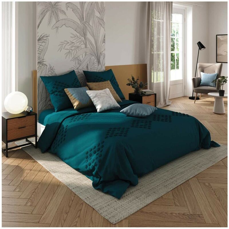 Atmosphera - Parure De Lit Coton Lavé 240 x 220 Bleu Canard