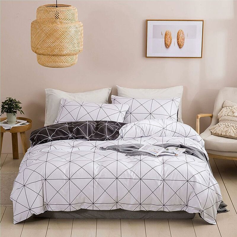 Dpzo - Parure de Lit Adulte Housse de Couette Fermeture Eclair Sets de Housses de Couettes Géométrique Blanc Gris Noir(Blanc,220x240CM)