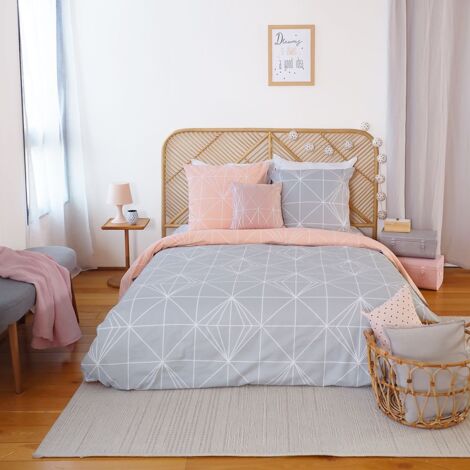 Parure de lit avec Housse de Couette 220x240 cm + 2 Taies d'oreiller 63x63cm pour lit pour 2 Personnes géométrique Rose et Gris 100%