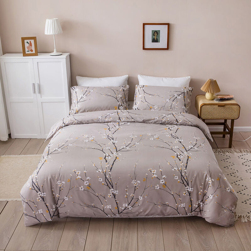Set Housse de Couette à Motif Fleurs et Branches et 2 x Taies d'oreiller 50x75 cm Parure de Lit Floral Microfibre Moderne avec Fermeture Eclair –