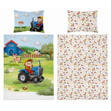Parure de lit bébé en bambou 90x120 Tracteur de ferme Bleu