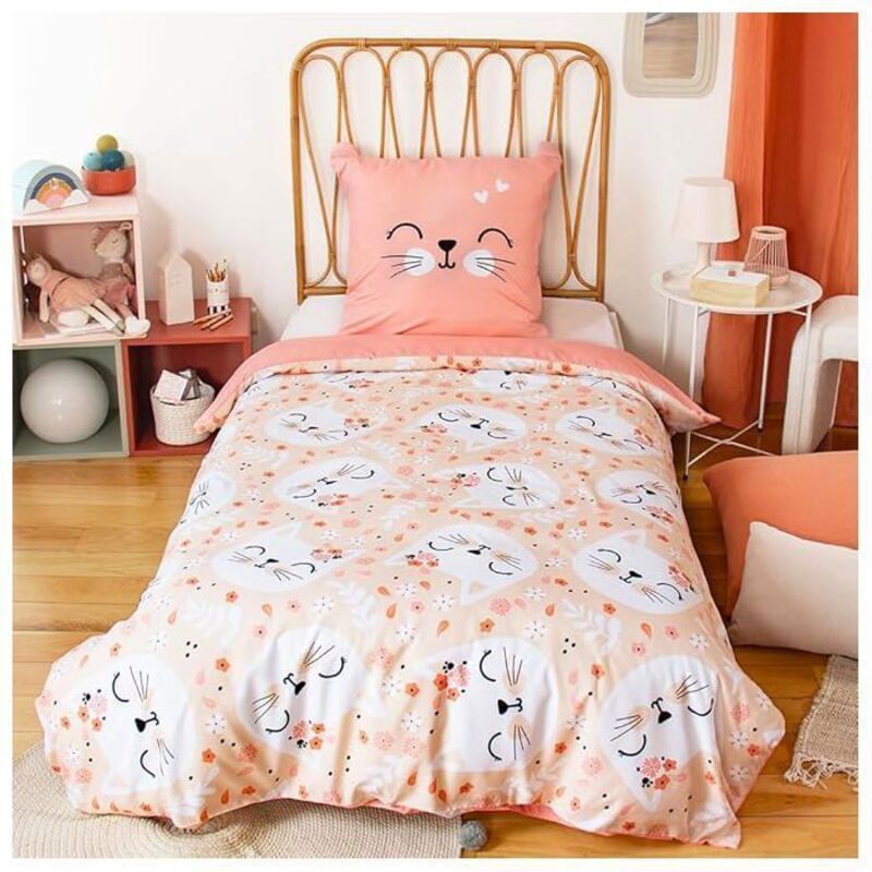 Parure de lit Chat 140x200 cm– Housse de Couette Rose + 1 Taie d’Oreiller avec Oreilles Matelassées – Parure Réversible Microfibre