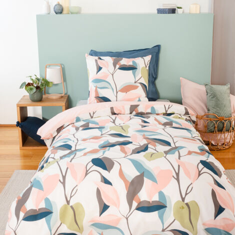 Parure de lit coton BCI adouci 140x200 cm – Housse réversible avec imprimé feuilles – Taie 63x63 cm – Lavage facile à 40°C – Linnea