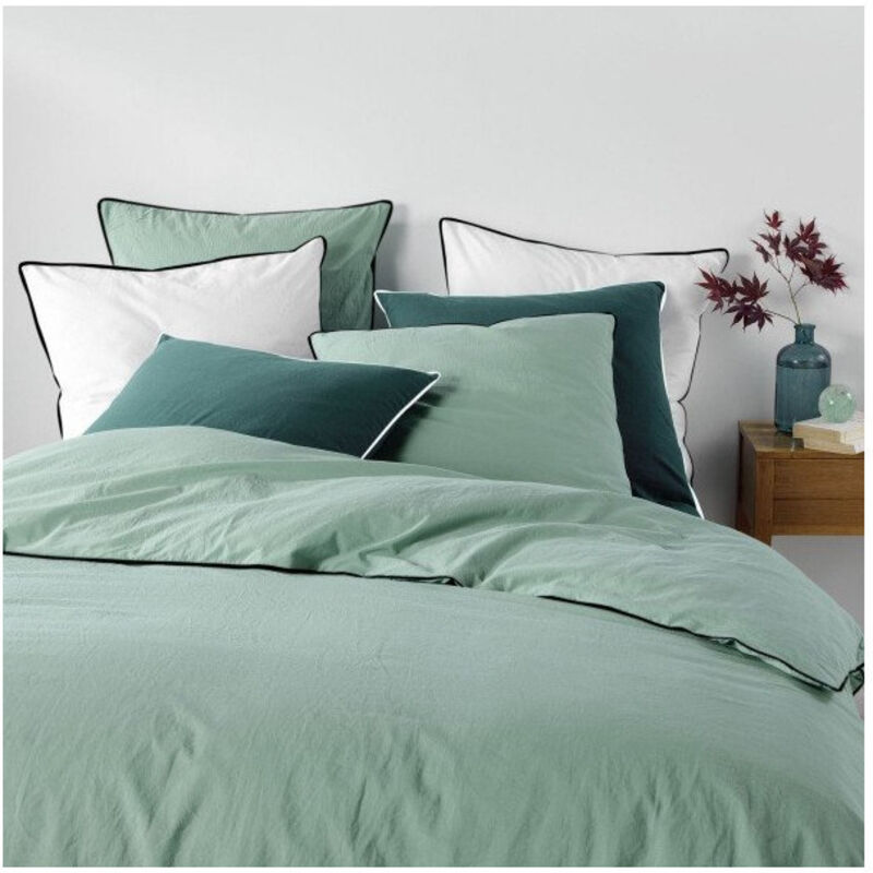 Douceur D'intérieur - parure 3 p. 240 x 220 cm coton lave uni 57 fils linette sauge - 220x240cm - Vert sauge