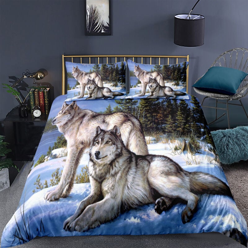 Parure de lit dessin de loup 220x240cm 2 personnes 3 pieces 1 housse de couette avec 2 taies d'oreillers 63x63cm