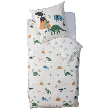 Parure de lit Dinosaure en coton 140x200cm beige imprimé dino - Atmosphera créateur d'intérieur
