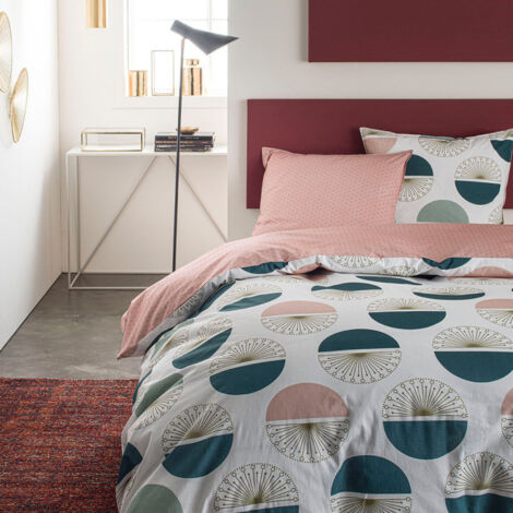 Parure de lit double en coton "Sunshine" imprimé cerlces - Blanc/Rose - 220 x 240 cm - Livraison gratuite