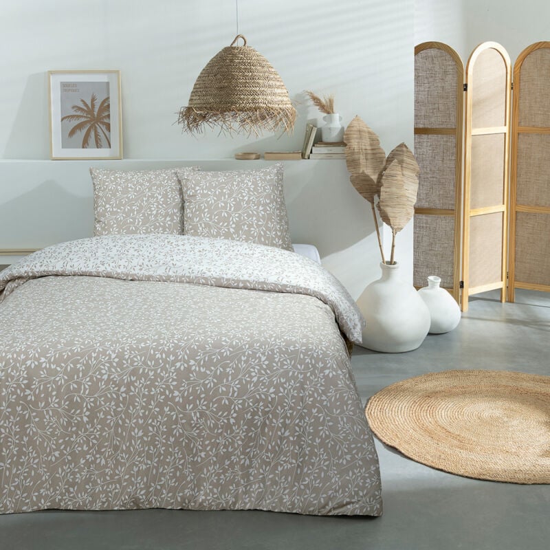 Parure de lit double feuillage en microfibre lavée Set de Housse de couette 260x240cm +2 Taies d'oreiller 63x63 cm avec Fermeture Boutons